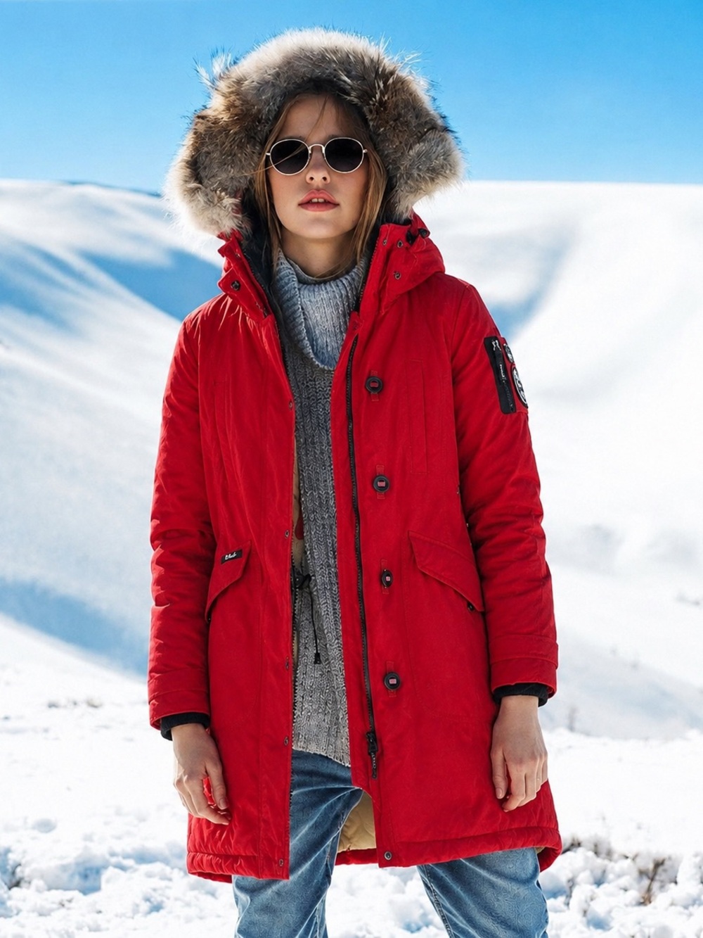 E-LAND Red White Duck Down Parka Raccoon Fur Hood Coat Size S/M